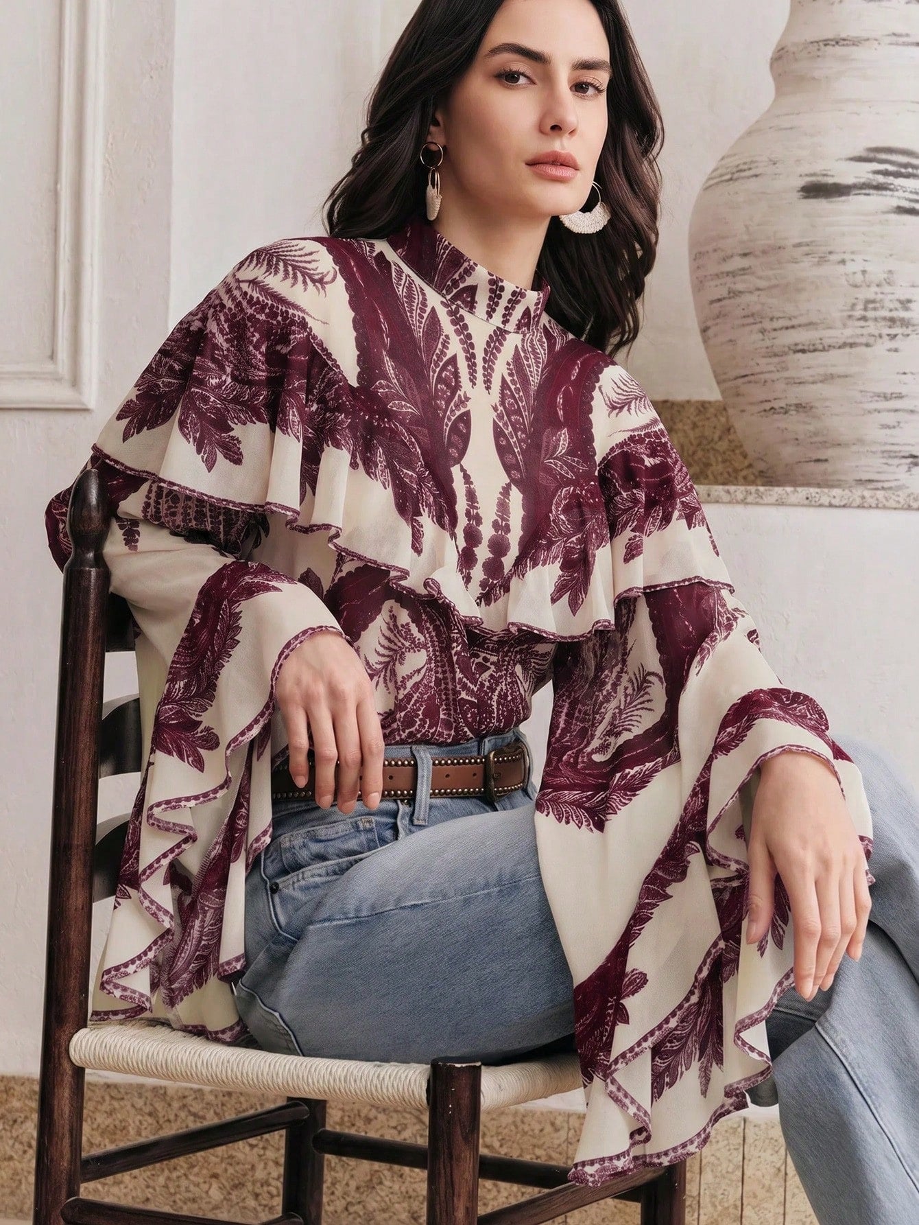 CM-TS762702 Women Trendy Bohemian Style Mock Necl Long Sleeve Plants Print Loose Blouse - Purple