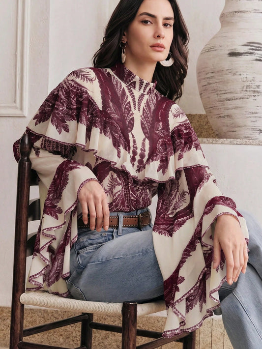 CM-TS762702 Women Trendy Bohemian Style Mock Necl Long Sleeve Plants Print Loose Blouse - Purple