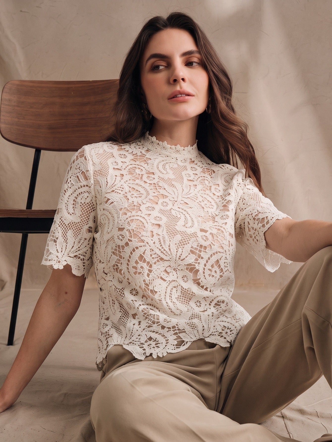 CM-TS144957 Women Elegant Seoul Style Stand Collar Hollow Floral Short Sleeve Blouse - Apricot