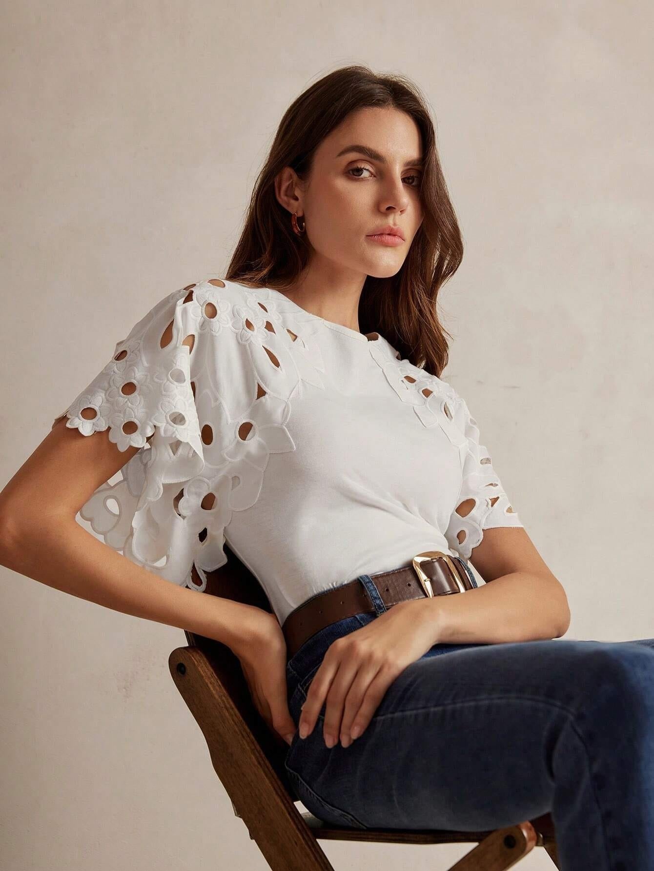 CM-TS186332 Women Casual Seoul Style Round Neck Batwing Sleeve Cut-Out T-Shirt - White