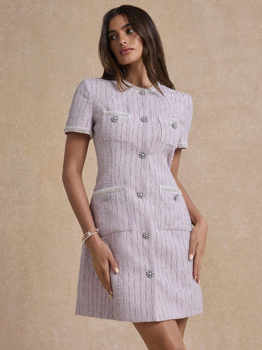 CM-DS642731 Women Elegant Seoul Style Round Neck Short Sleeve Pearl-Embellished Tweed Mini Dress - Pink