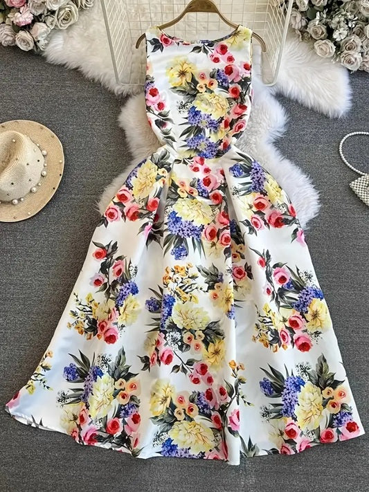 CM-DT835868 Women Elegant Seoul Style Floral Print Crew Neck Sleeveless Midi Dress