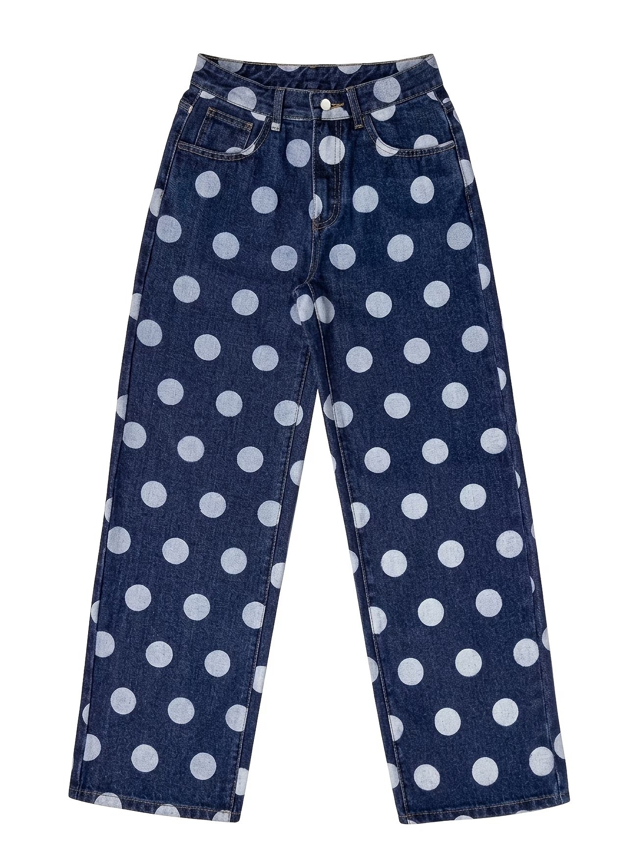 CM-BT786288 Women Casual Seoul Style High Waist Large Polka Dot Washed Wide Leg Denim Long Trousers - Deep Blue