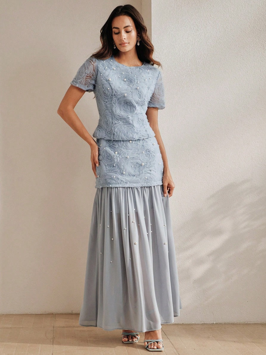 CM-SS102582 Women Elegant Seoul Style Round Neck Puff Sleeve 3D Rose Beaded Top With Mesh Patchwork Skirt - Set