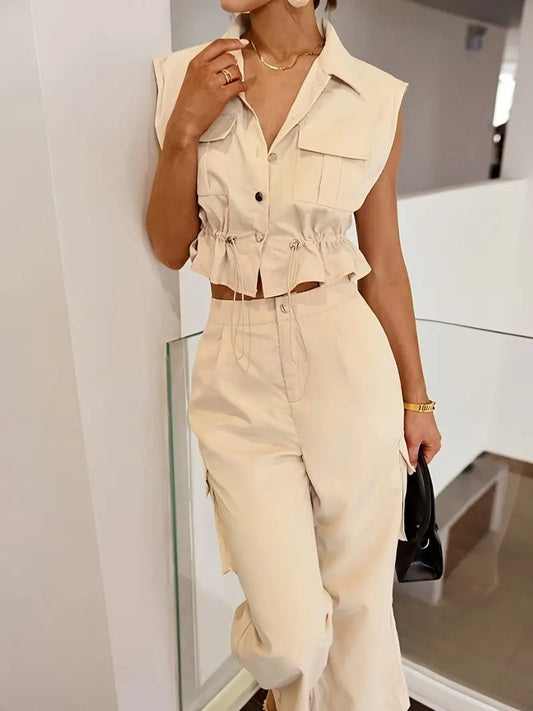 CM-ST491171 Women Elegant Seoul Style 3D Pocket Drawstring Waist Sleeveless Top With Pants - Set