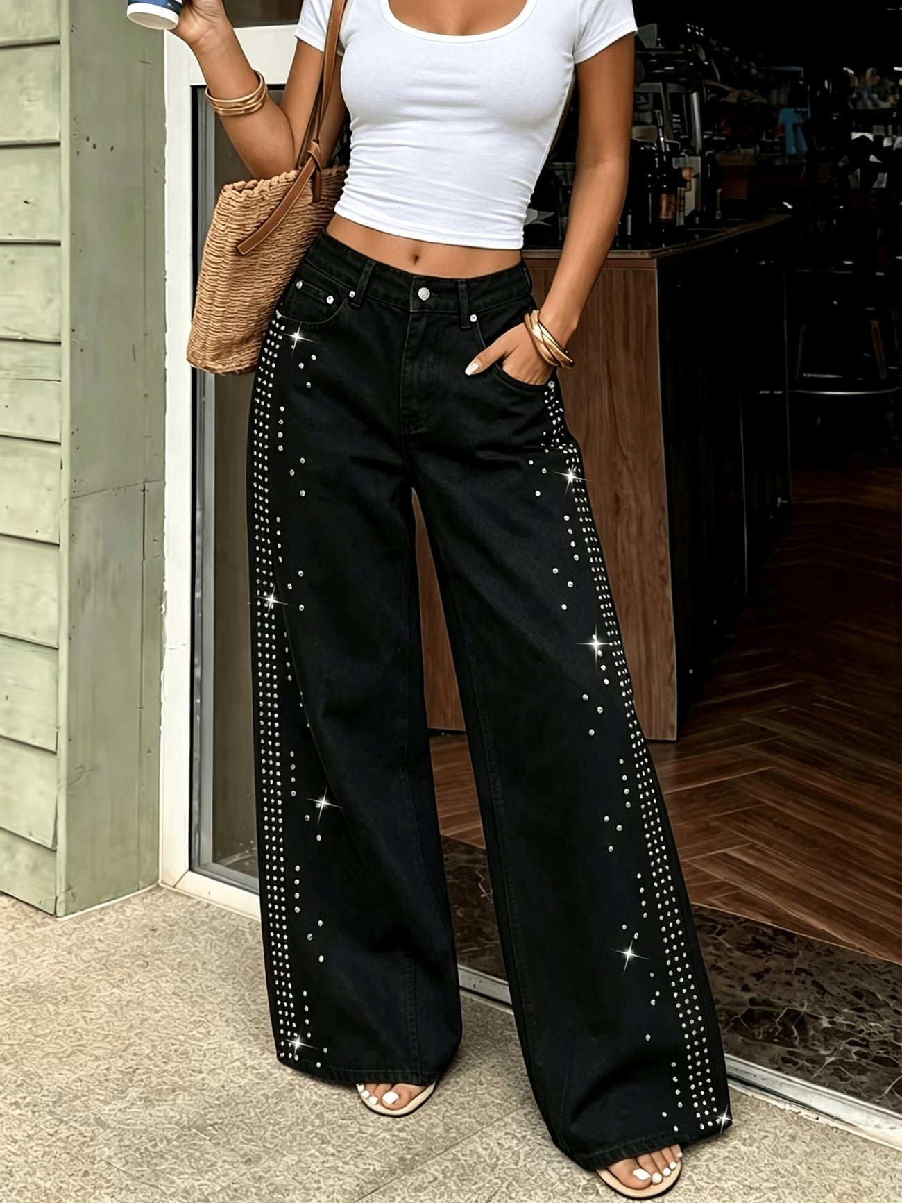 CM-BT216239 Women Casual Seoul Style High Waist Straight Leg Jeans - Black