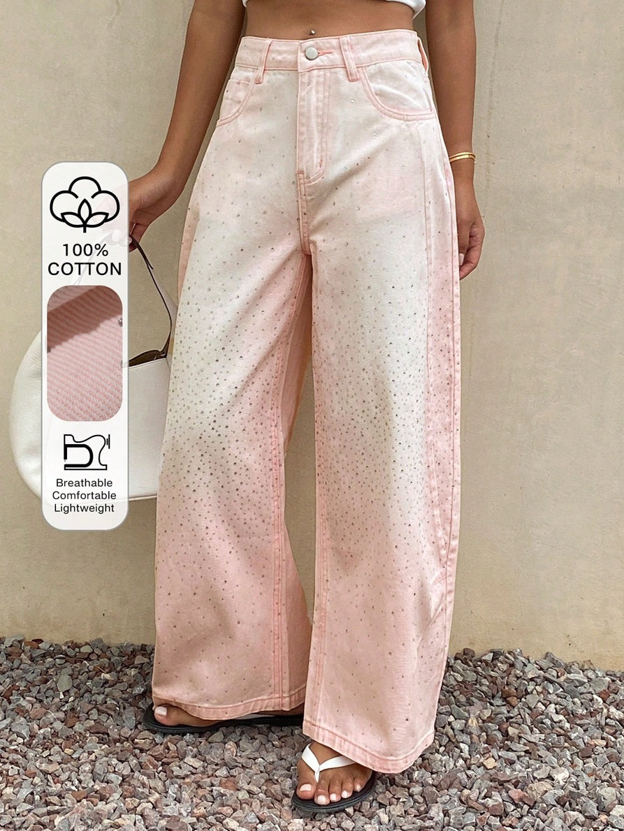 CM-BS344032 Women Casual Seoul Style Rhinestone Curved Leg Loose Long Denim Pants - Pink