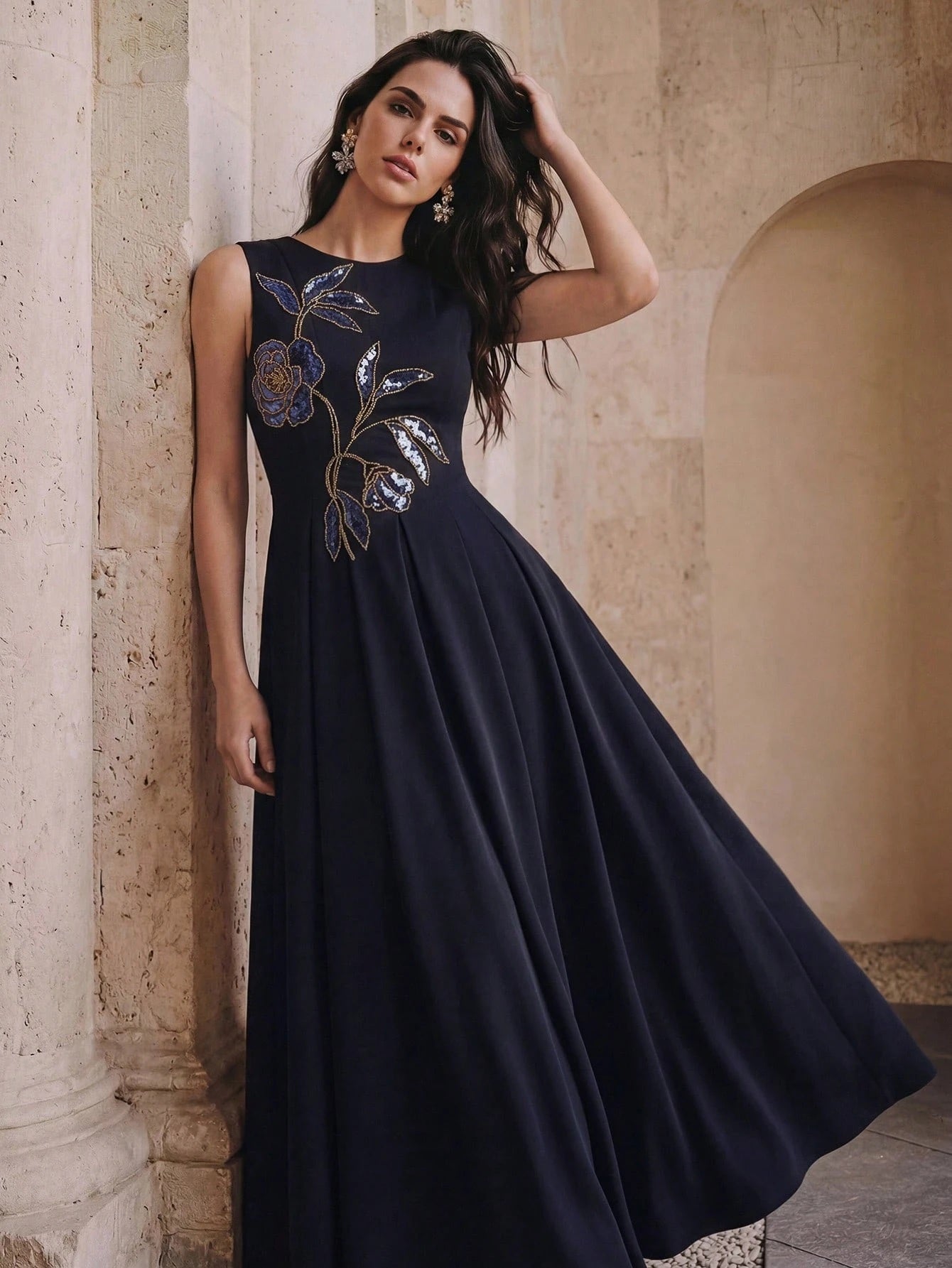 CM-DS069557 Women Elegant Seoul Style Round Neck Sleeveless Sequin Beaded A-Line Long Dress - Blue