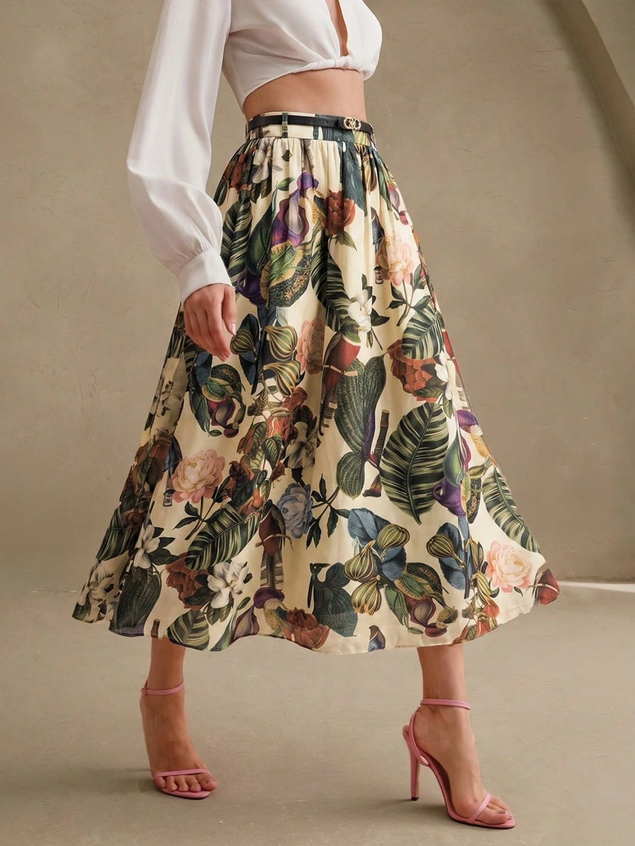 CM-BS340449 Women Elegant Seoul Style Floral Print High Waist A-Line Long Skirt With Belt
