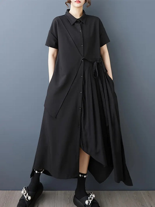 CM-DT849368 Women Elegant Seoul Style Collar Neckline Short Sleeve Asymmetricla Maxi Dress - Black