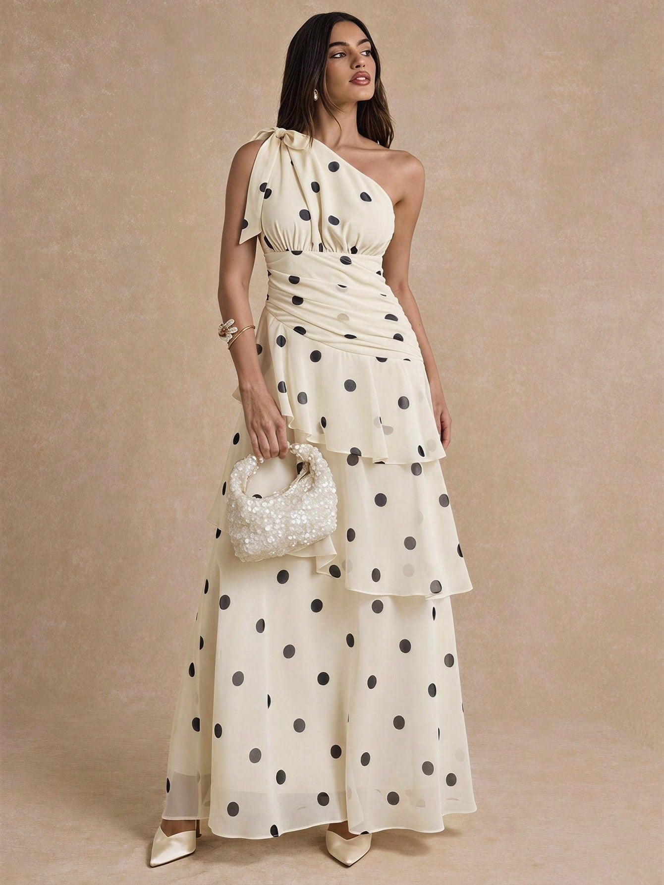 CM-DS374258 Women Elegant Seoul Style Asymmetrical Neckline Polka Dot One Shoulder Tiered Layer Dress