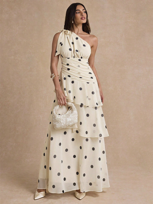 CM-DS374258 Women Elegant Seoul Style Asymmetrical Neckline Polka Dot One Shoulder Tiered Layer Dress