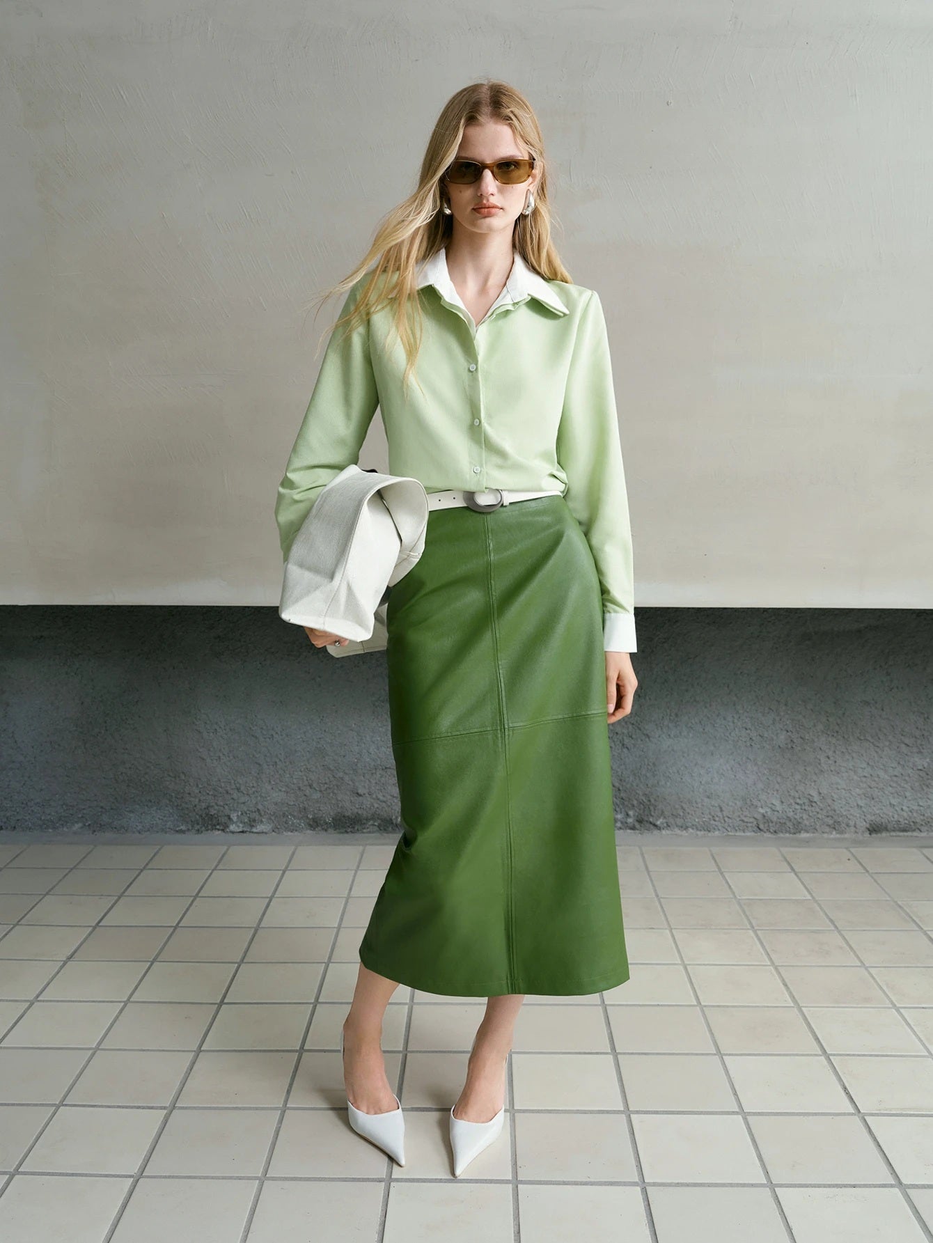 CM-TS303695 Women Elegant Seoul Style Colorblock Shirt Collar Long Sleeve Loose Top - Green