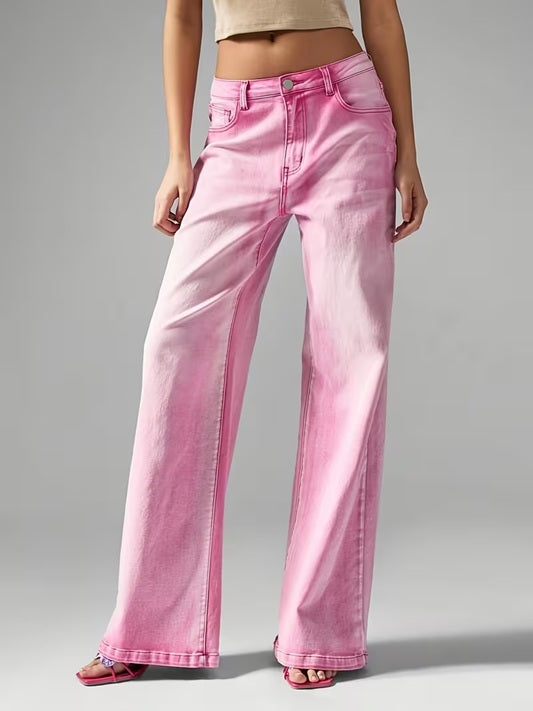 CM-BT966375 Women Casual Seoul Style Mid Waist Washed Straight-Leg Jeans - Pink