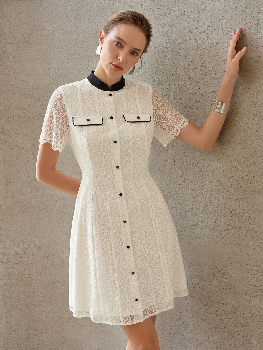CM-DS167821 Women Elegant Seoul Style Stand Collar Short Sleeve Contrast Trim Lace Mini Dress