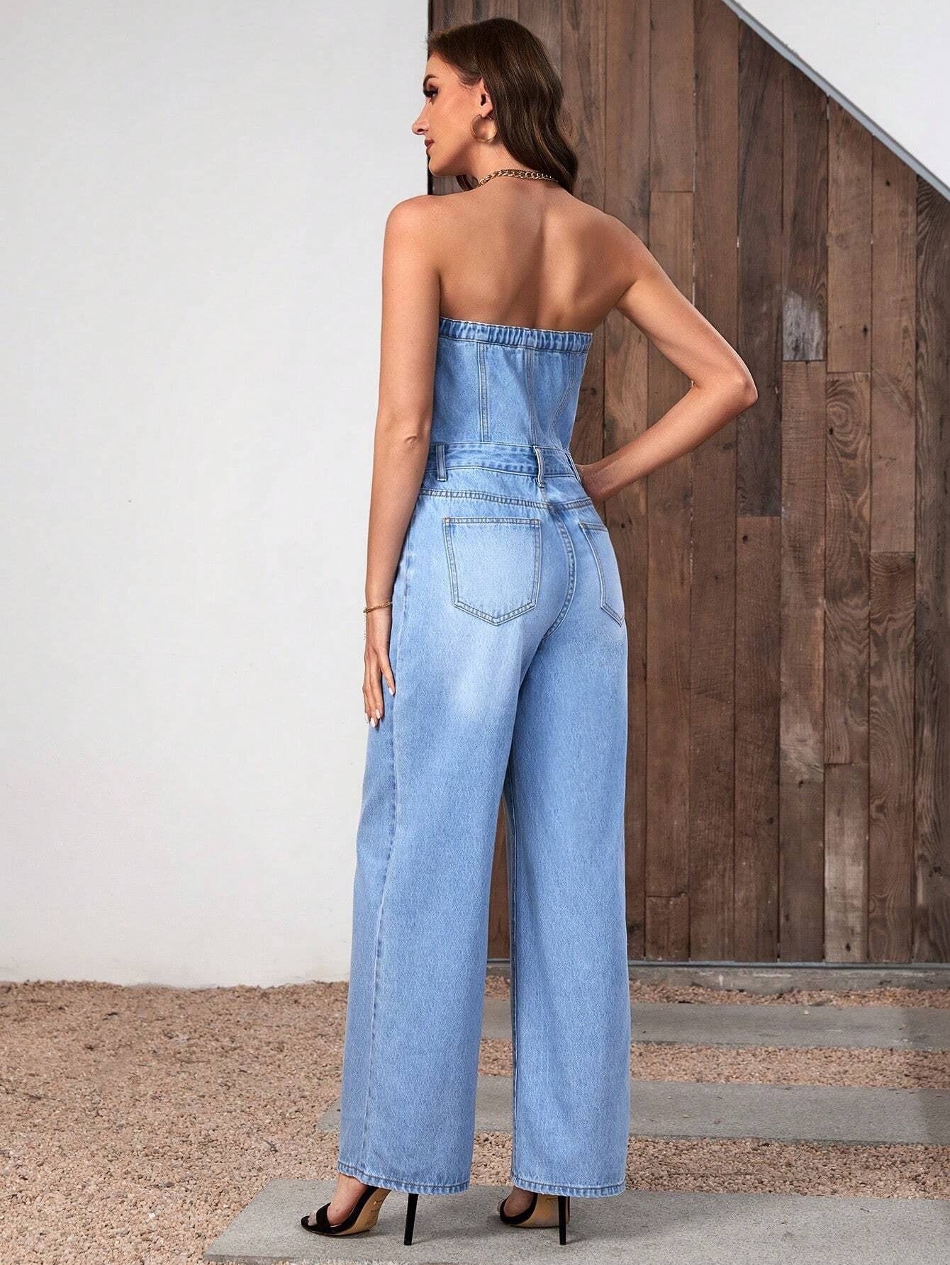 CM-JS226684 Women Casual Seoul Style Slant Pocket Tube Denim Jumpsuit - Blue