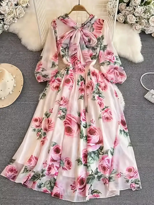 CM-DT807475 Women Elegant Seoul Style Bow Tie Floral Print High Neck 3/4 Sleeve A-Line Chiffon Long Dress - Pink