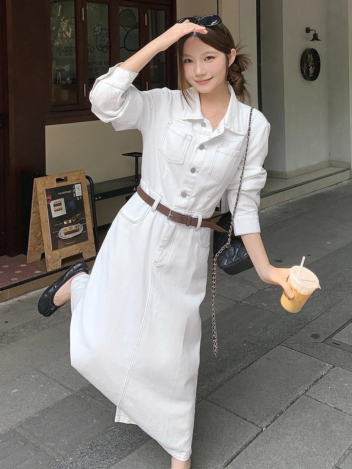 CM-DS982217 Women Casual Seoul Style Collar Neckline Long Sleeve Button Half-Placket Denim Dress - White