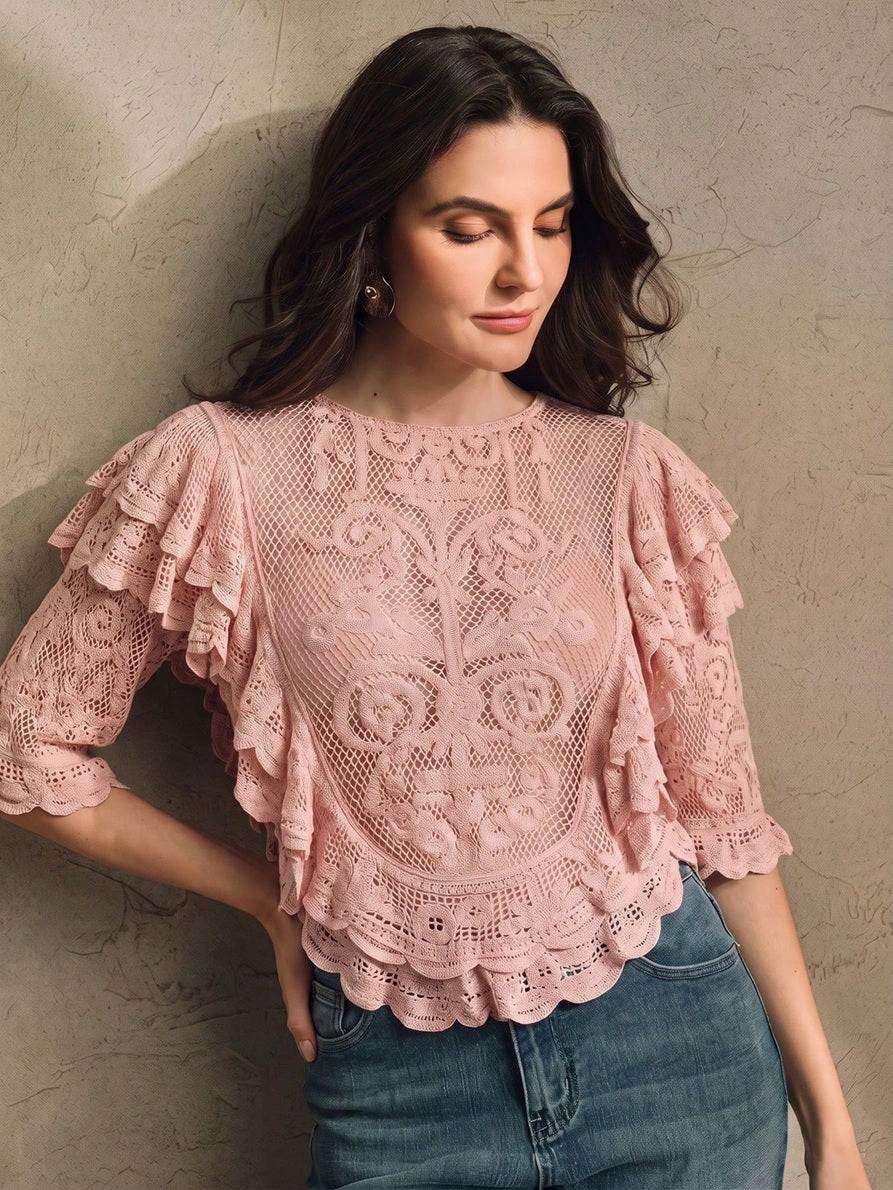 CM-TS576844 Women Elegant Seoul Style Cropped Half Sleeve Multi-Layer Ruffle Mesh Crochet Top - Pink
