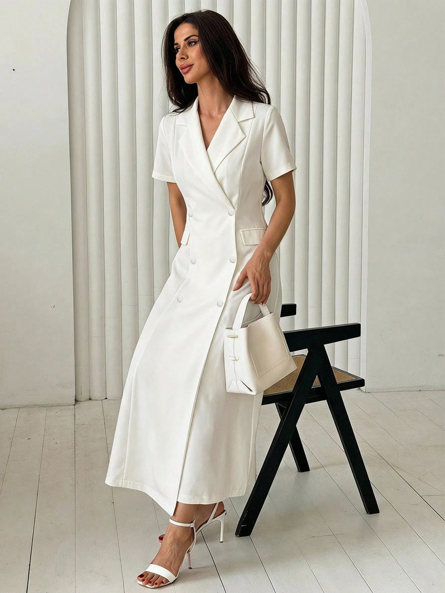 CM-DS789863 Women Casual Seoul Style Lapel Neckline Short Sleeve High Waist Mid-Length Dress