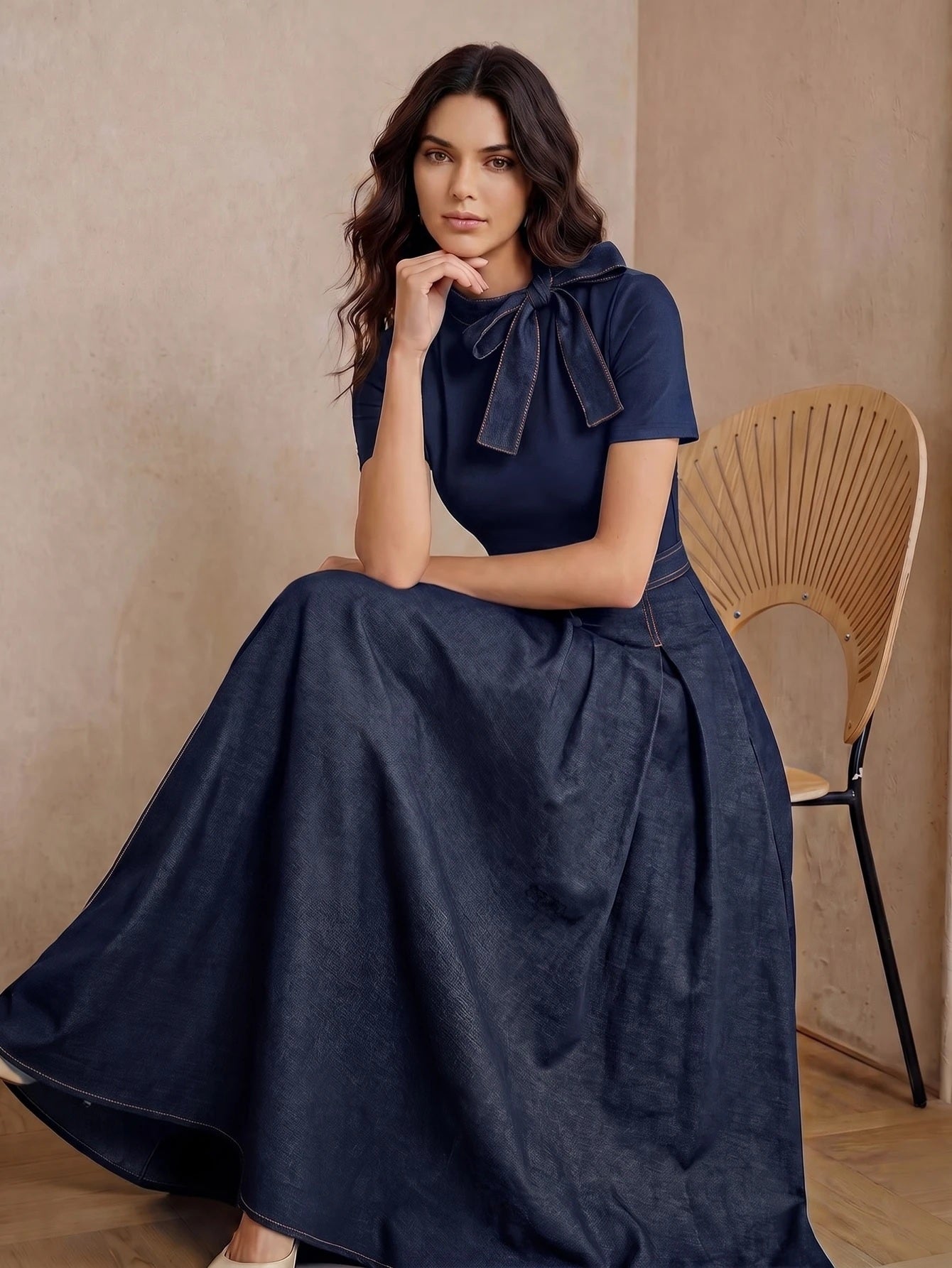 CM-DS813632 Women Elegant Seoul Style Tie Neck Short Sleeve Splice Collar Bow Decor Denim Dress - Navy Blue
