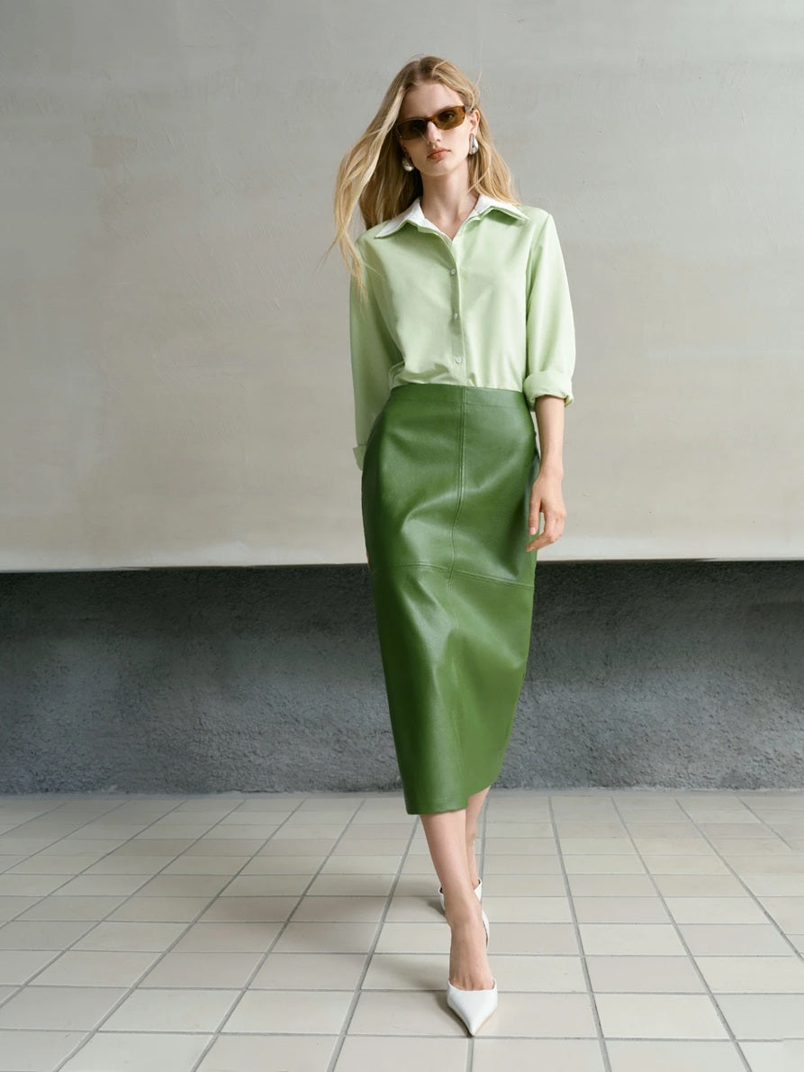 CM-BS339043 Women Elegant Seoul Style Mid Waist PU Leather Elastic Waist Split Hem Skirt - Green