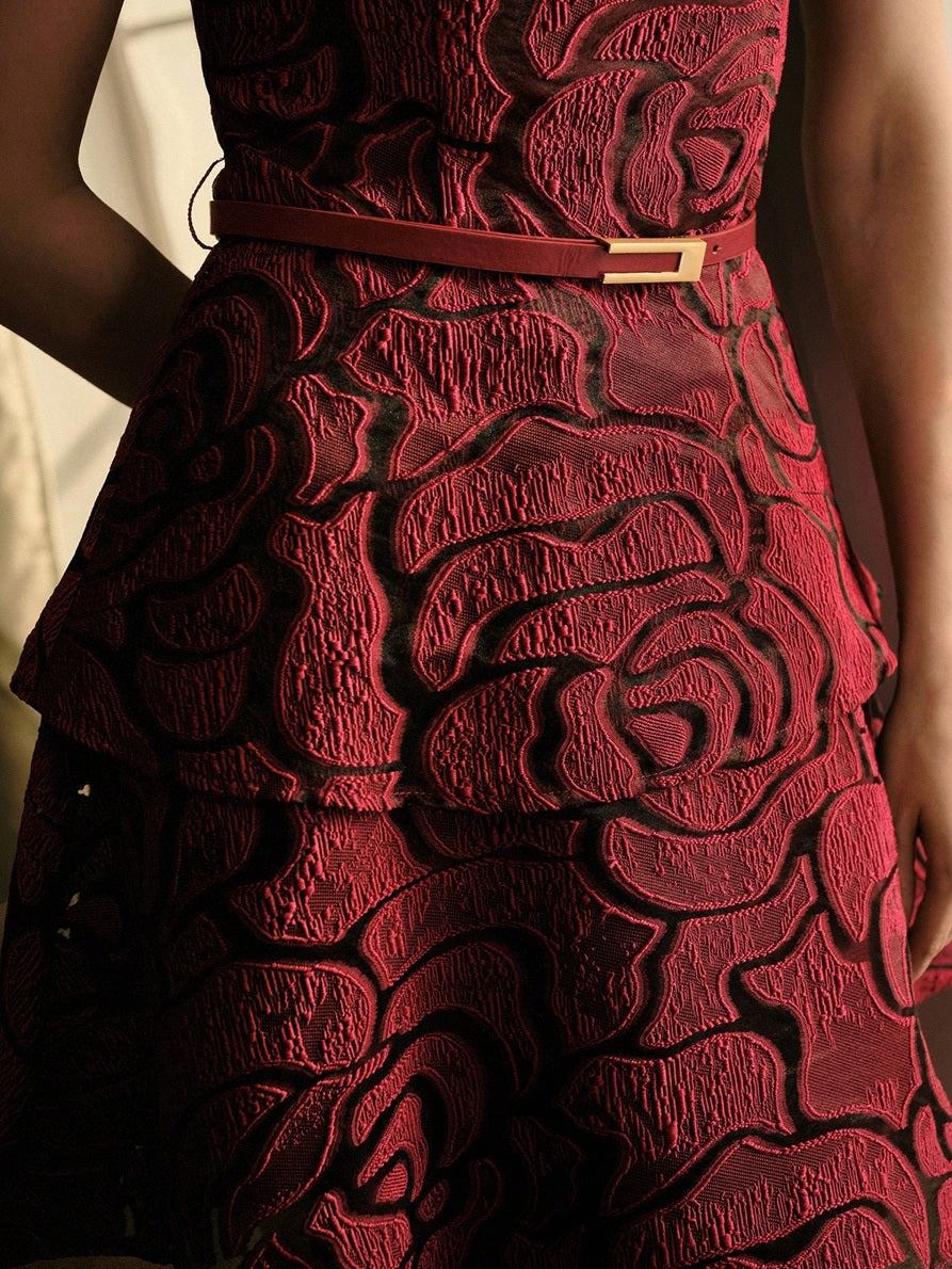 CM-DS718191 Women Elegant Seoul Style Round Neck Sleeveless Cinched Waist A-Line Jacquard Mini Dress - Burgundy