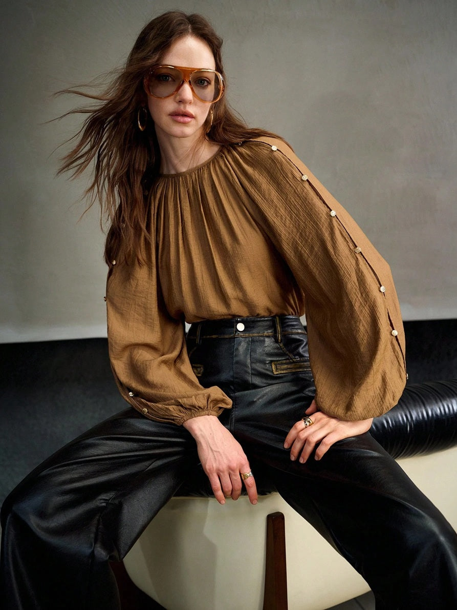 CM-TS875318 Women Elegant Seoul Style Round Neck Bishop Sleeve Linen Blend Metal Button Decor Oversized Top - Khaki