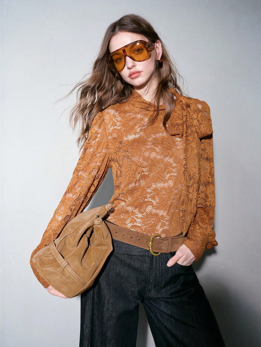 CM-TS022052 Women Elegant Seoul Style Lace Tie Neck Stand Collar Long Sleeve Blouse - Khaki