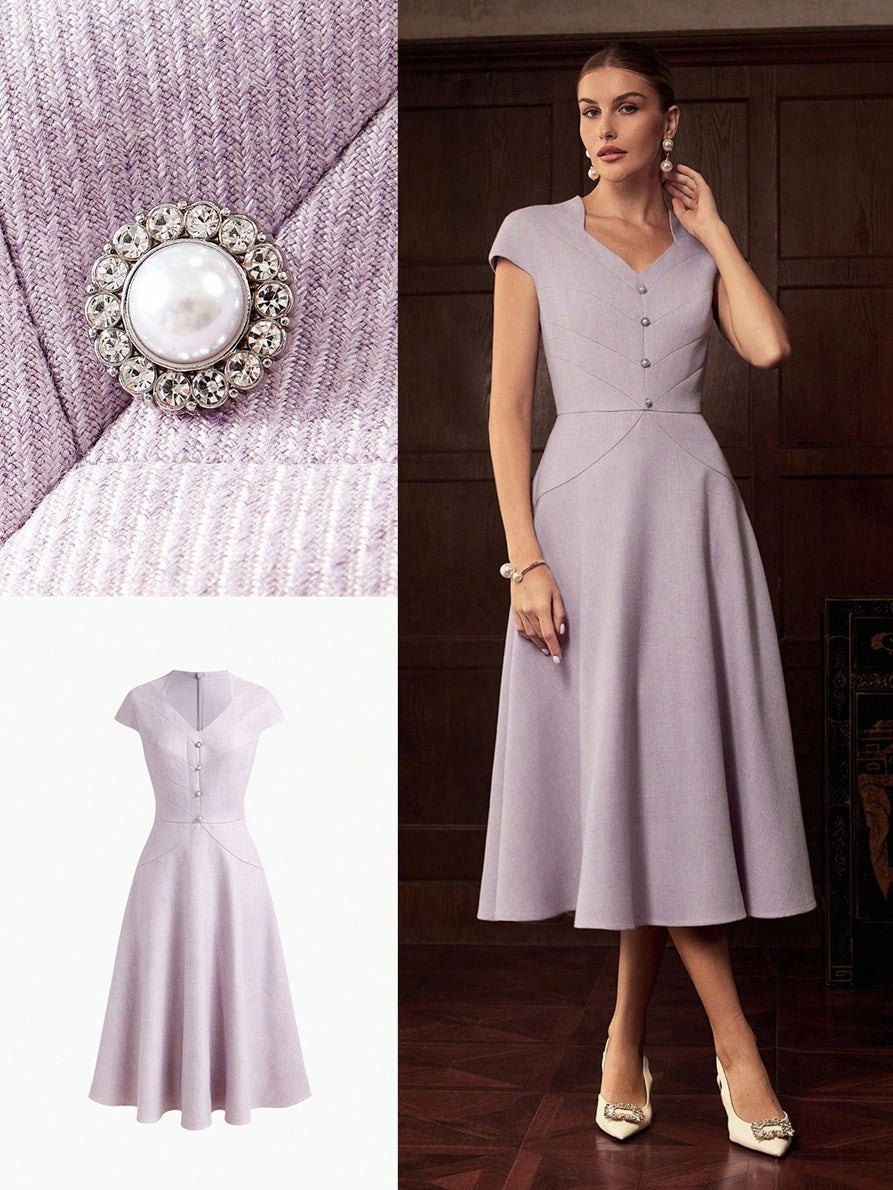 CM-DS479010 Women Elegant Seoul Style Cap Sleeve Cinched Waist Mid-Length Dress - Purple