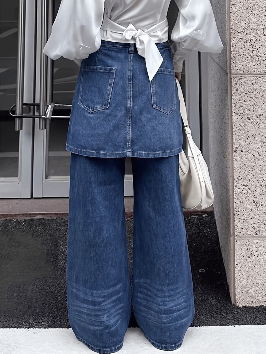 CM-BT684555 Women Casual Seoul Style Solid Color 2-in-1 Wide-Leg Jeans - Blue