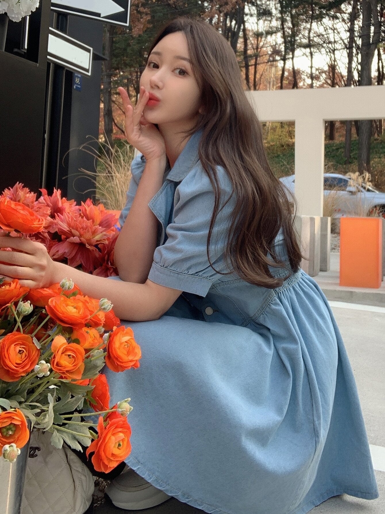CM-DS727770 Women Casual Seoul Style Lapel Collar Puff Sleeve Button Front Shirt Denim Dress