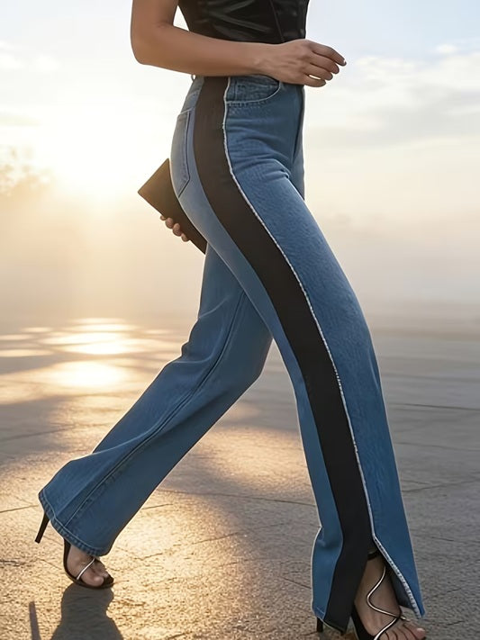 CM-BT555554 Women Casual Seoul Style Patchwork Frayed Hem Slit Ankle Straight-Leg Denim Pants