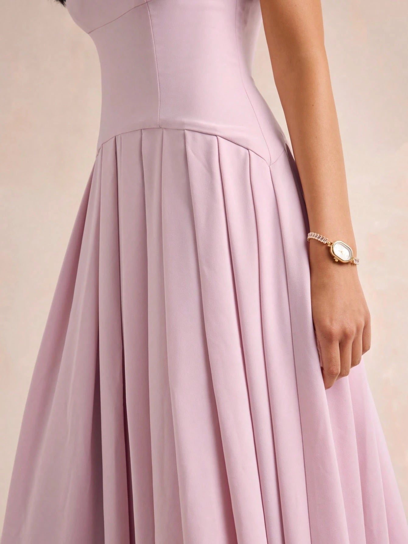 CM-DS880939 Women Elegant Seoul Style Round Neck Short Sleeve High Waist Pleated Long Dress - Pink