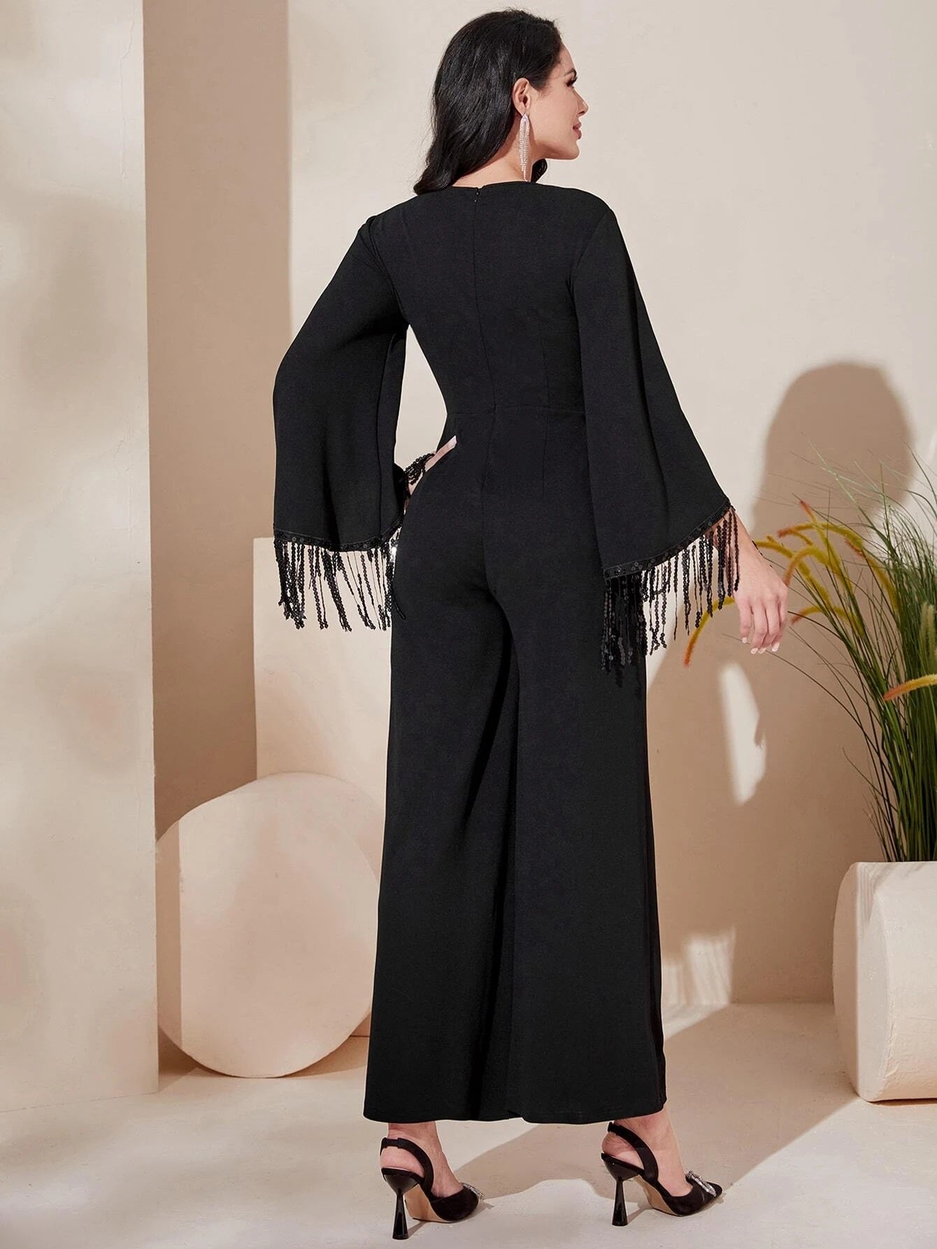 CM-JS186835 Women Elegant Seoul Style Long Sleeve Fringe Trim Wide Leg Jumpsuit - Black
