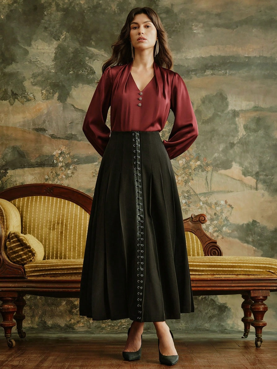 CM-SS488279 Women Elegant Seoul Style V-Neck Long Sleeve Top With Leather Strap Pleated Skirt - Set