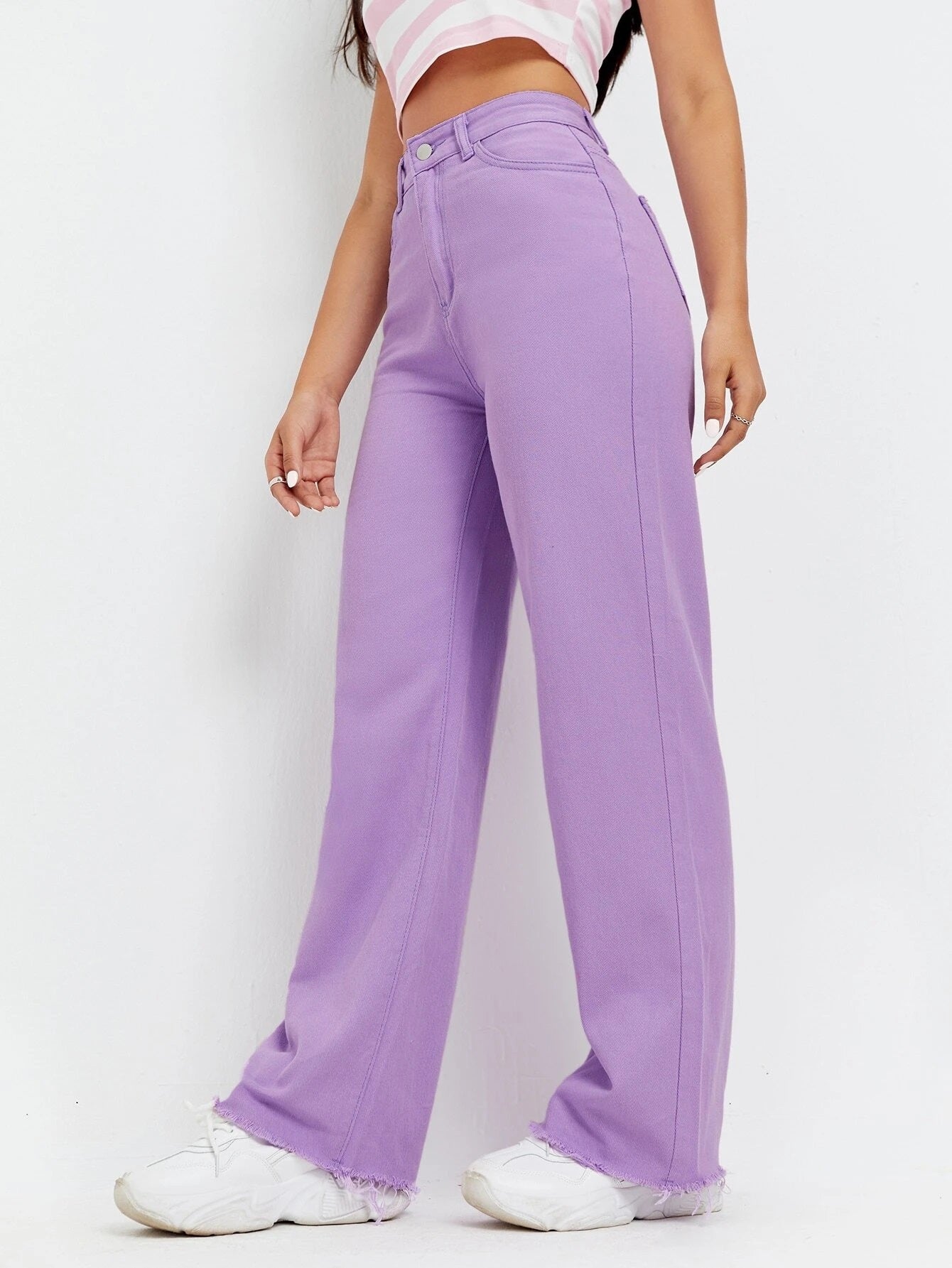 CM-BS421981 Women Casual Seoul Style High Waist Raw Hem Wide Leg Jeans - Purple