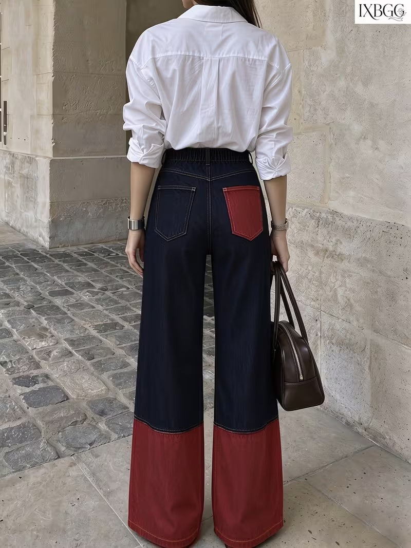 CM-BT832666 Women Casual Seoul Style Mid-Rise Blue Red Contrast Patchwork Straight Loose Wide Leg Jeans