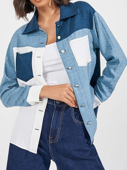 CM-CT050356 Women Casual Seoul Style Collar Neckline Long Sleeve Color-Block Patchwork Shirt Denim Jacket