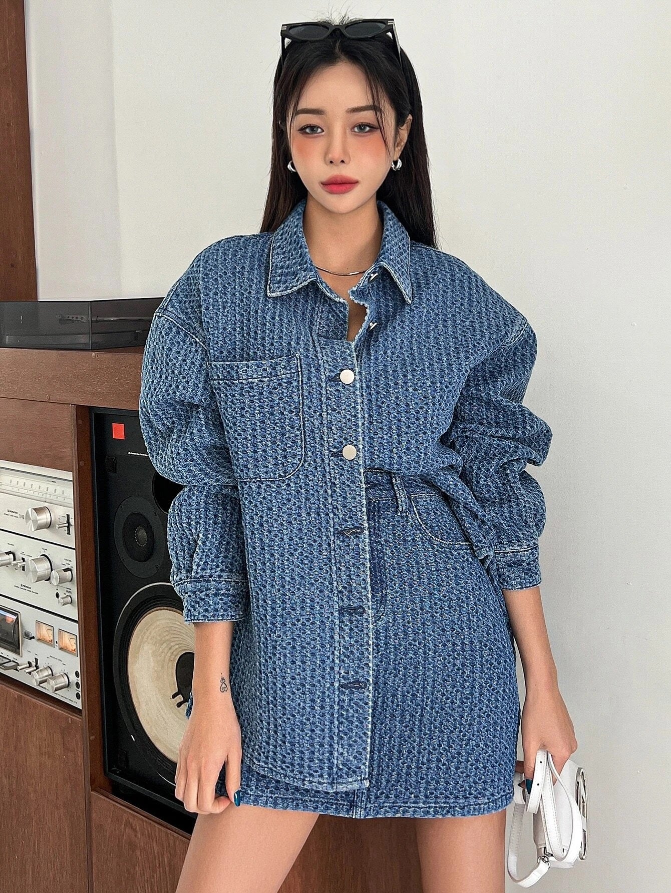 CM-SS241206 Women Preppy Seoul Style Drop Shoulder Denim Coat With Denim Skirt - Set