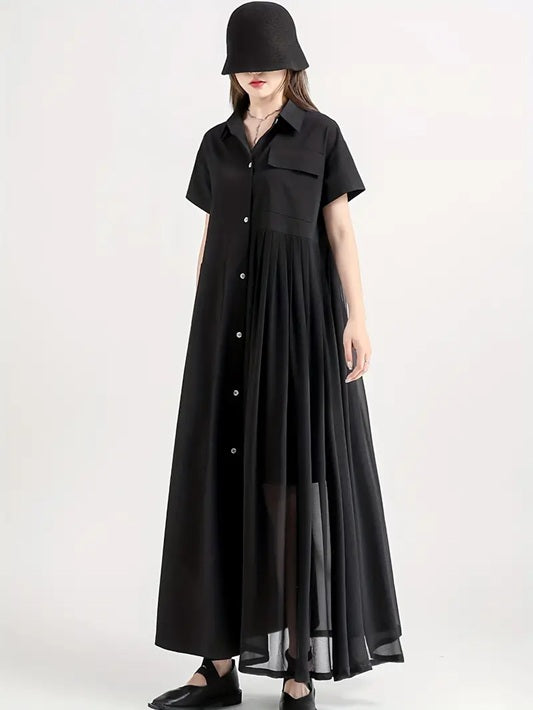 CM-DT451050 Women Elegant Seoul Style Collar Neckline Short Sleeve A-Line Midi Dress - Black