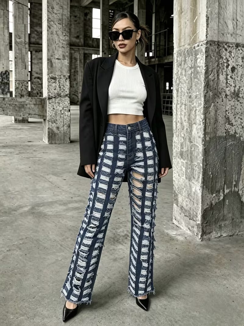 CM-BT160419 Women Casual Seoul Style Hollow-Out Street-Style Distressed Denim Jeans - Deep Blue