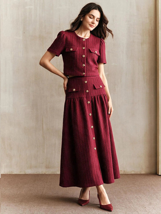 CM-SS503523 Women Elegant Seoul Style Round Neck Short Sleeve Button Decor Top With A-Line Skirt - Set