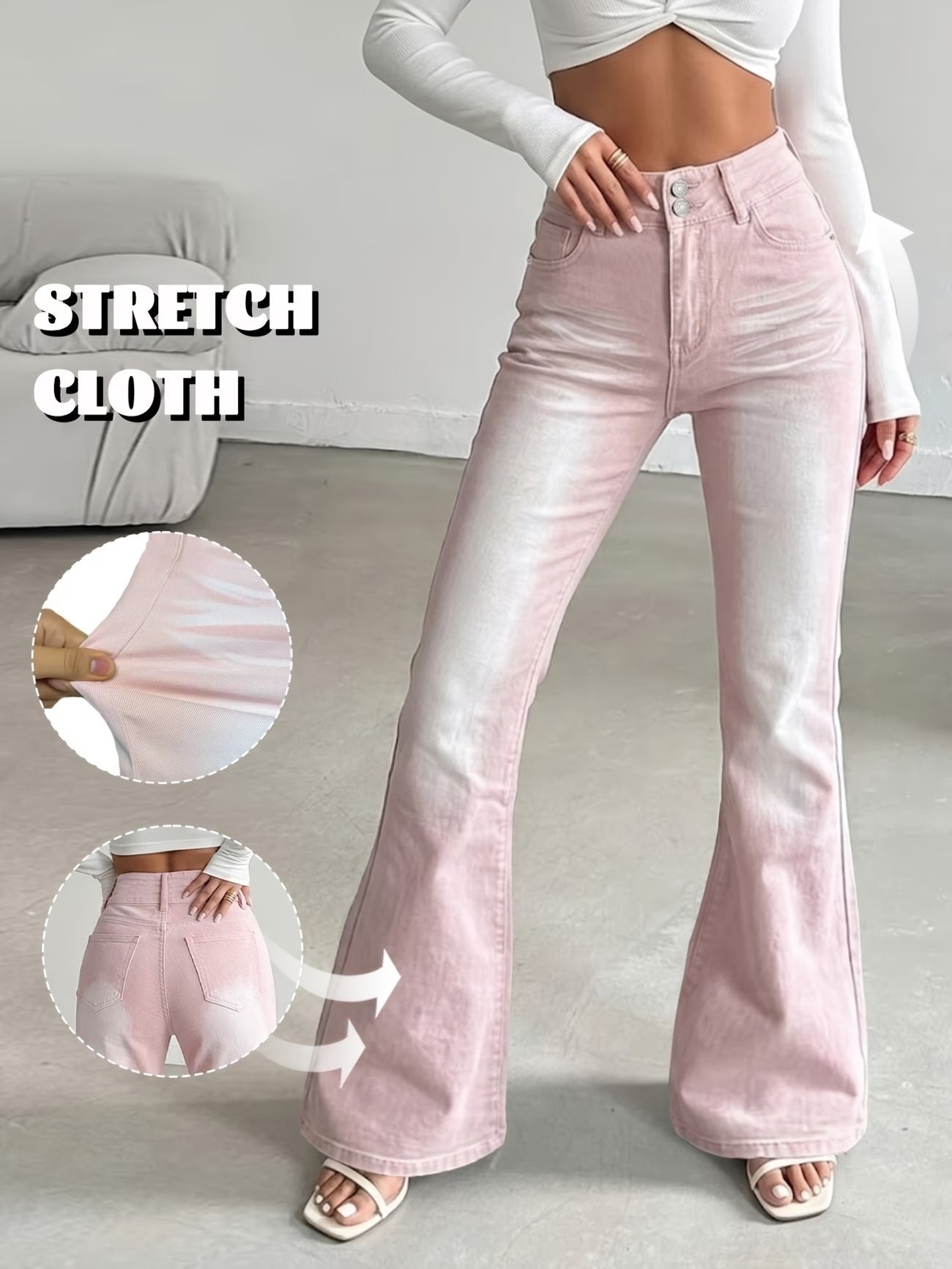 CM-BT754634 Women Casual Seoul Style High-Waisted Double Button Slim Fit Flare Jeans - Pink
