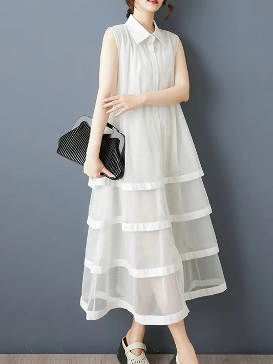 CM-DT033674 Women Casual Seoul Style Collar Neckline Button Front Sleeveless A-Line Shirt Dress - White