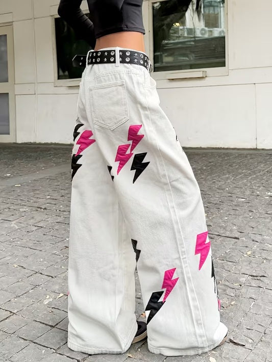 CM-BT121466 Women Casual Seoul Style Lightning Applique Loose Wide-Leg Jeans - White