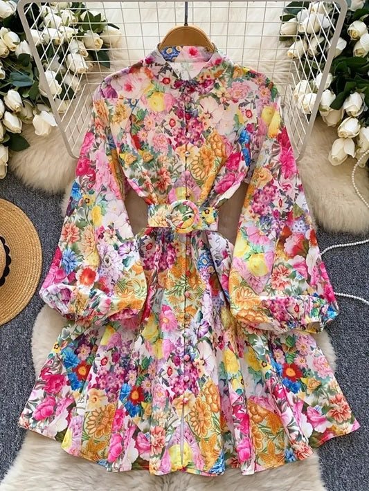 CM-DT765286 Women Elegant Seoul Style Stand Collar Lantern Sleeve Floral Print A-Line Dress