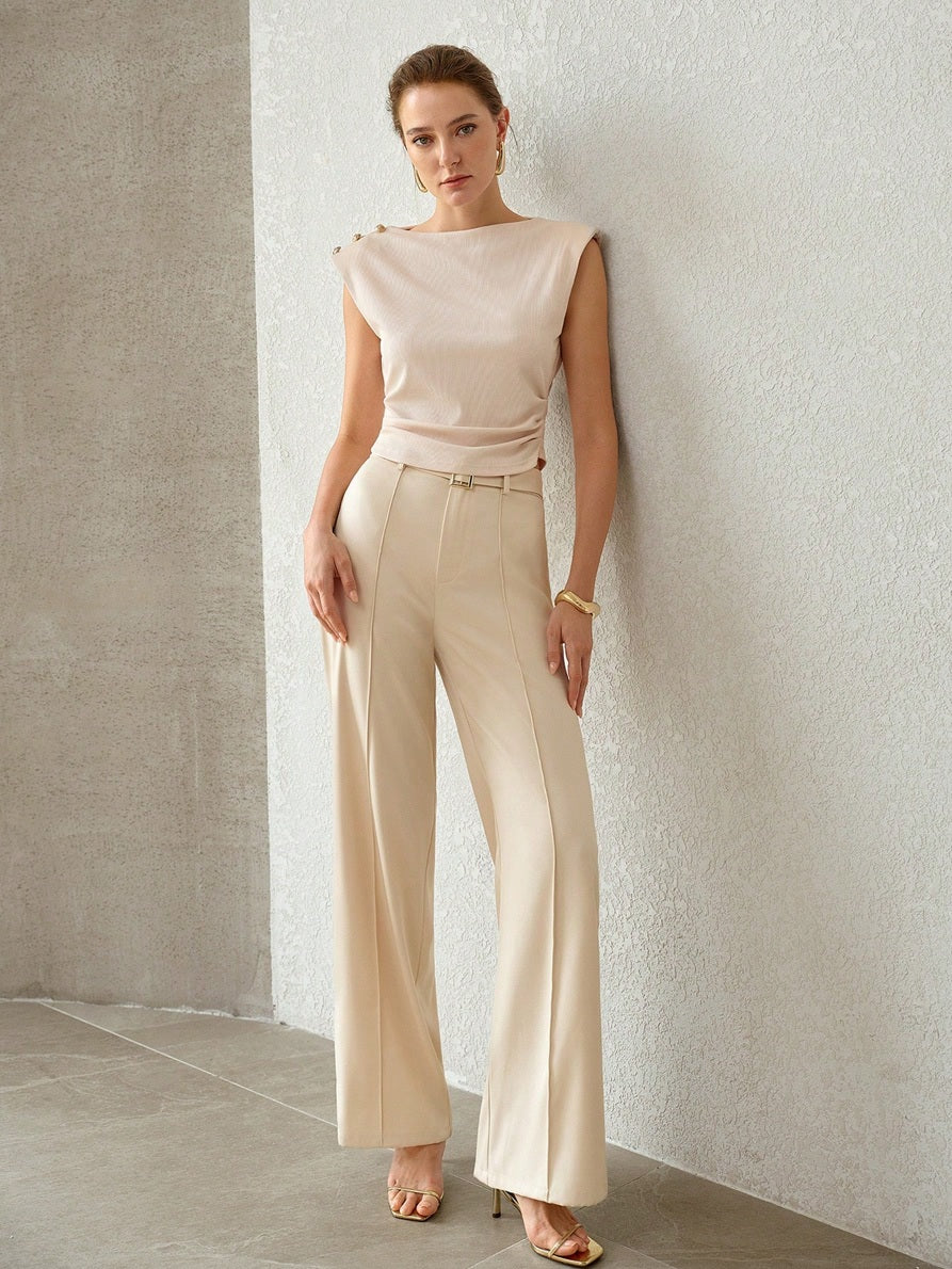 CM-SS414868 Women Elegant Seoul Style Round Neck Cap Sleeve Waist-Cinching T-Shirt With Metal Belt Buckle Decor Suit Pants - Set
