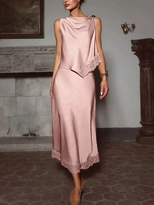 CM-ST461995 Women Elegant Seoul Style Solid Color Glossy Contrast Lace Splicing Vest With Long Skirt - Set