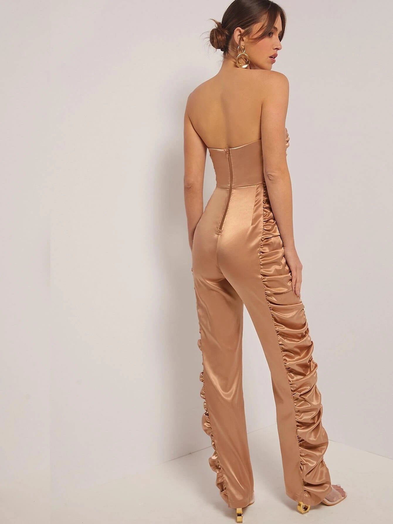 CM-JS417592 Women Elegant Seoul Style Ruched Side Satin Tube Jumpsuit - Apricot